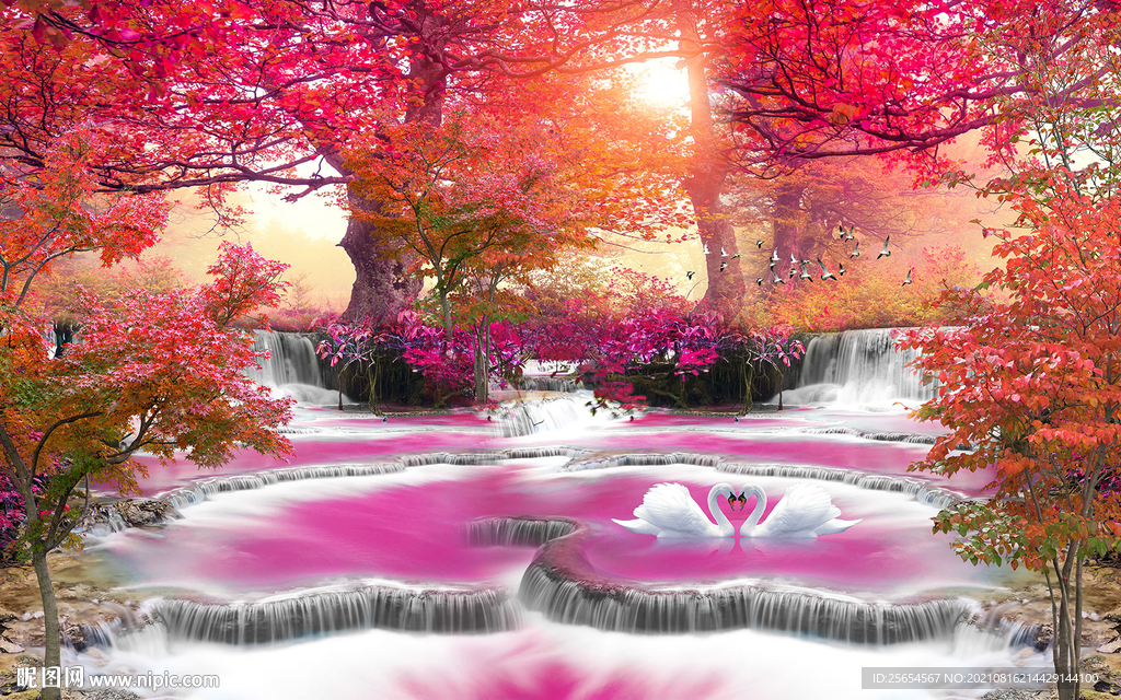 紫色枫林树林瀑布流水风景画