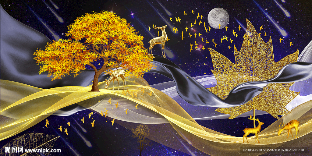 轻奢麋鹿发财树抽象装饰画