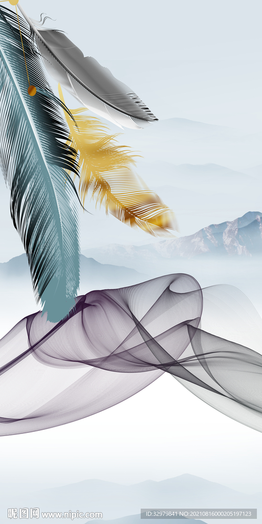 羽毛玄关现代框画 TIF分层