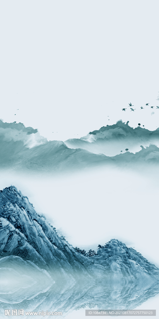 蓝色 玄关画山水 TIF分层图