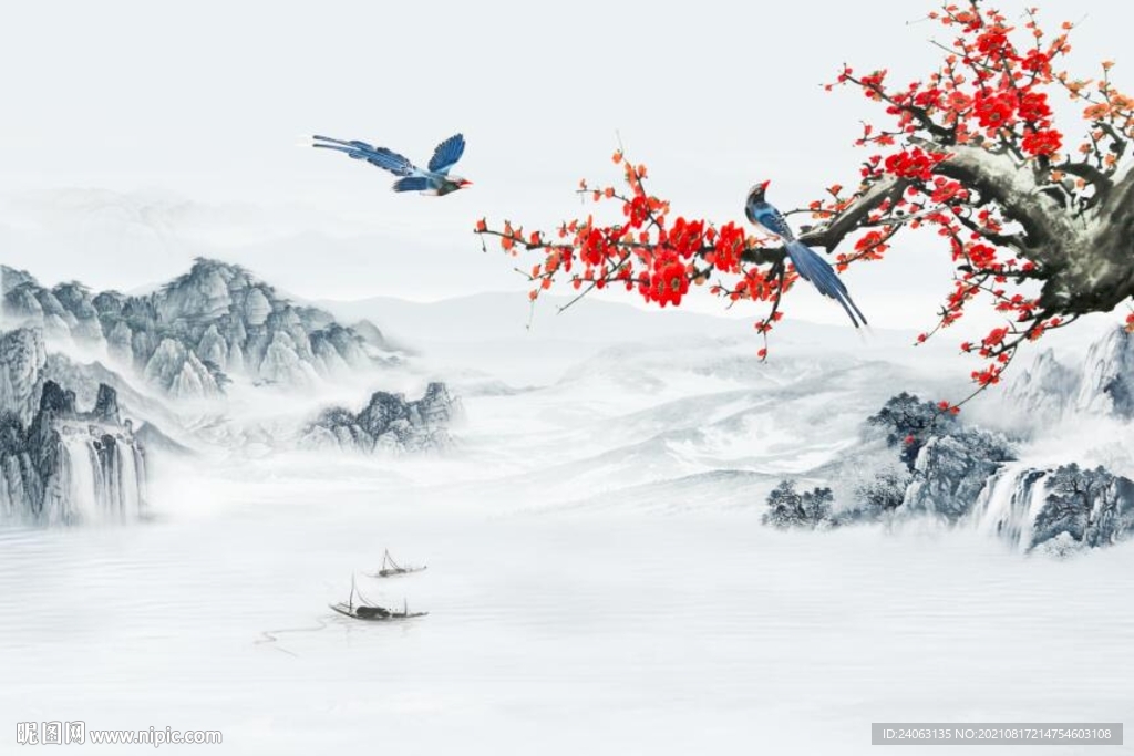 喜鹊报喜山水背景墙