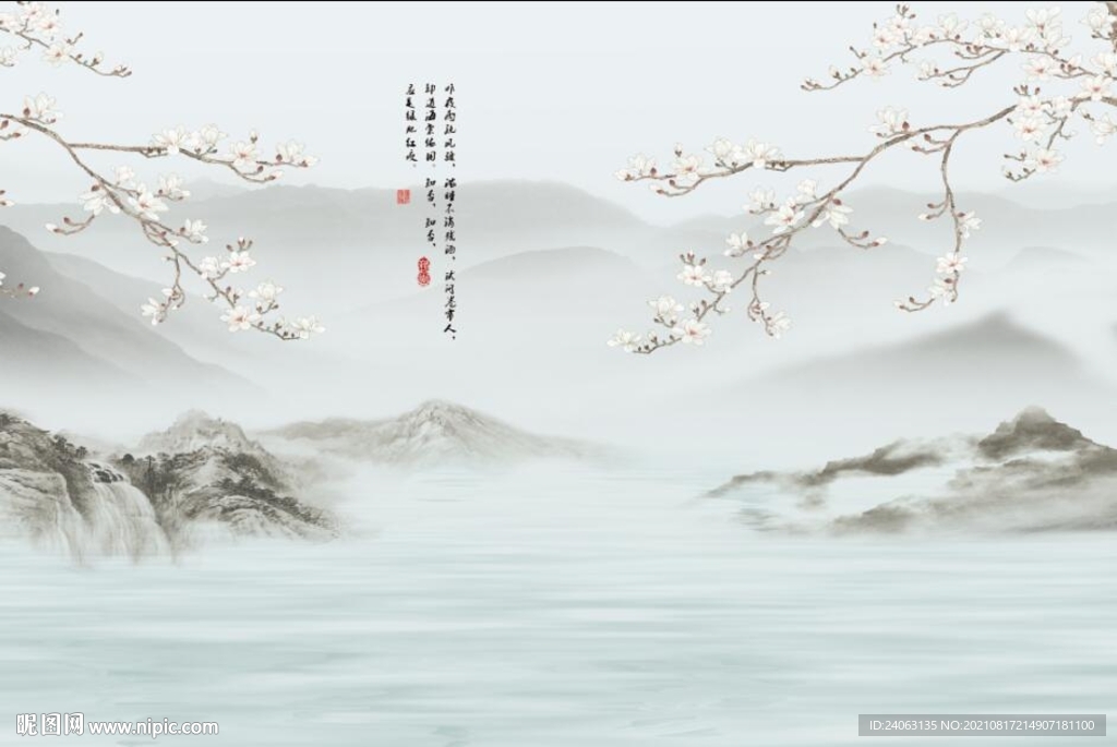 玉兰山水花鸟背景墙