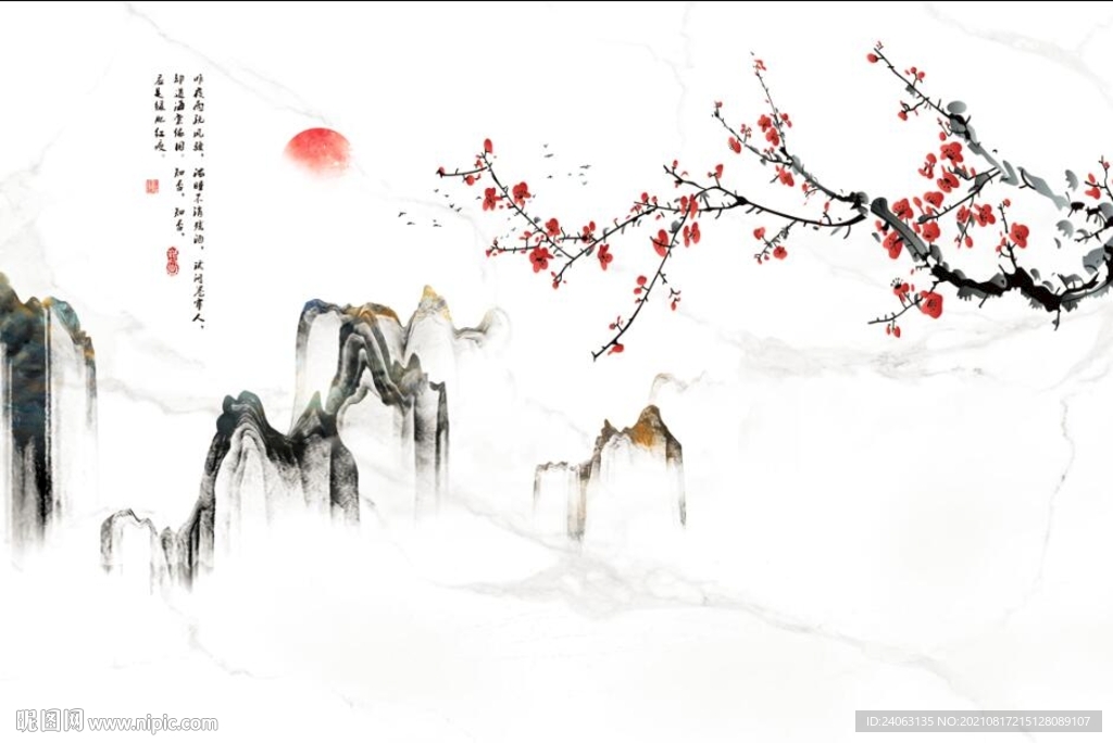 梅花山水背景墙