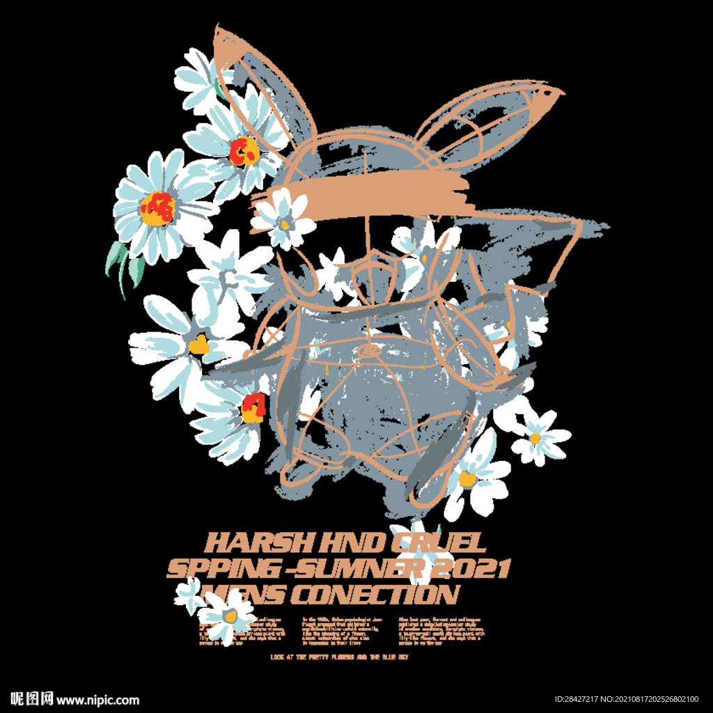 手绘卡通花朵兔子潮流印花图案