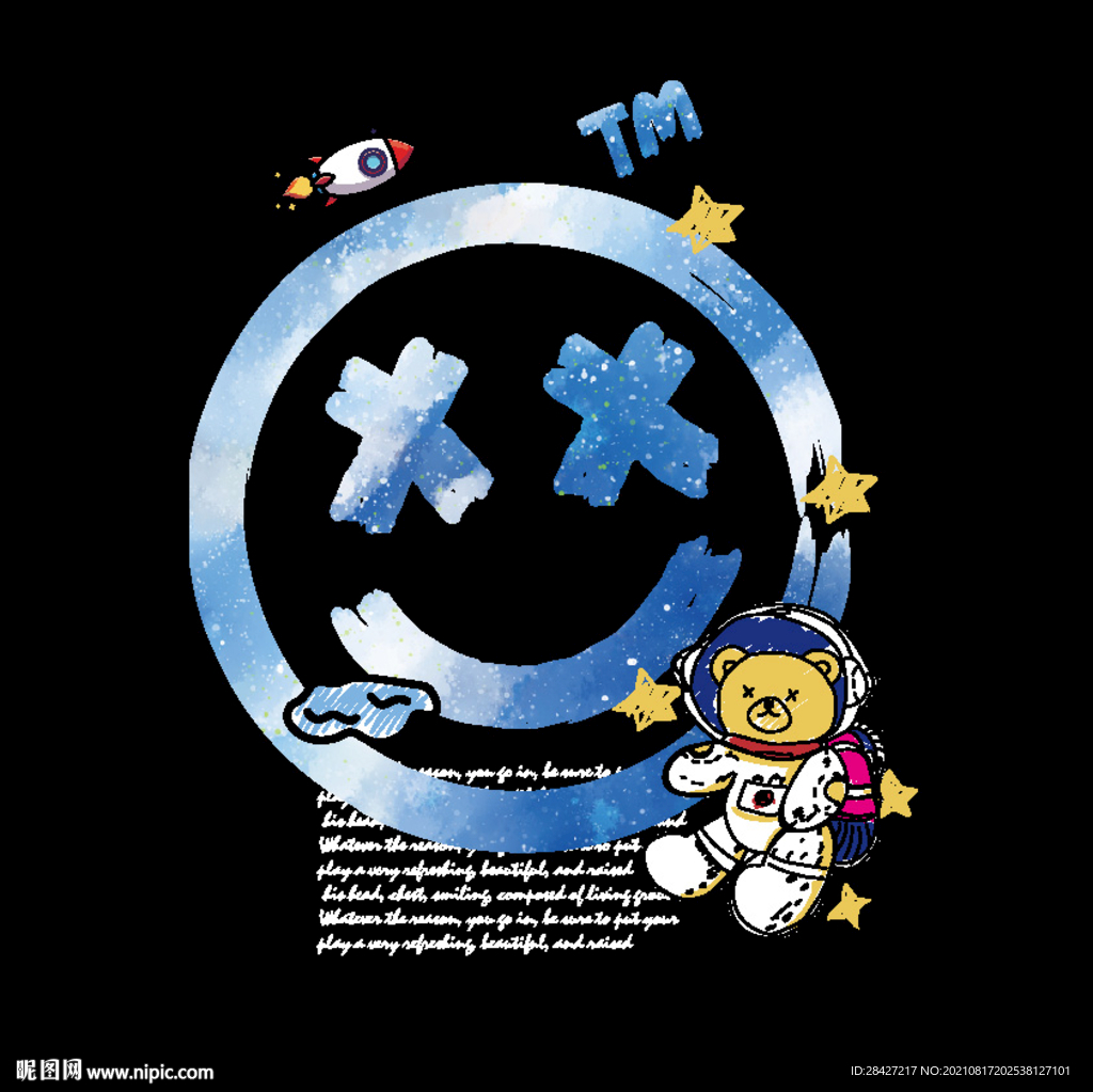 手绘涂鸦潮流星空太空熊印花图案