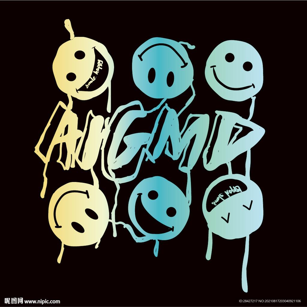 手绘涂鸦笑脸潮流图案印花渐变