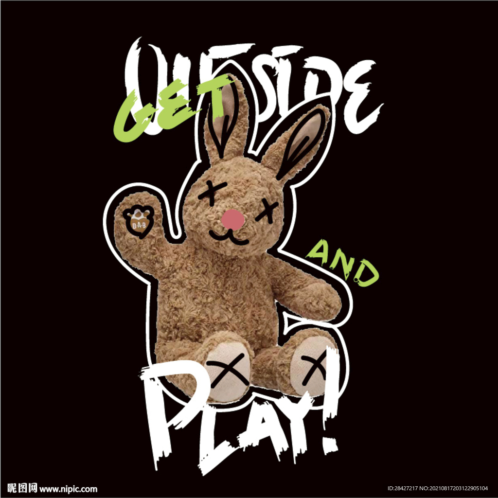 手绘涂鸦玩具兔图案印花 