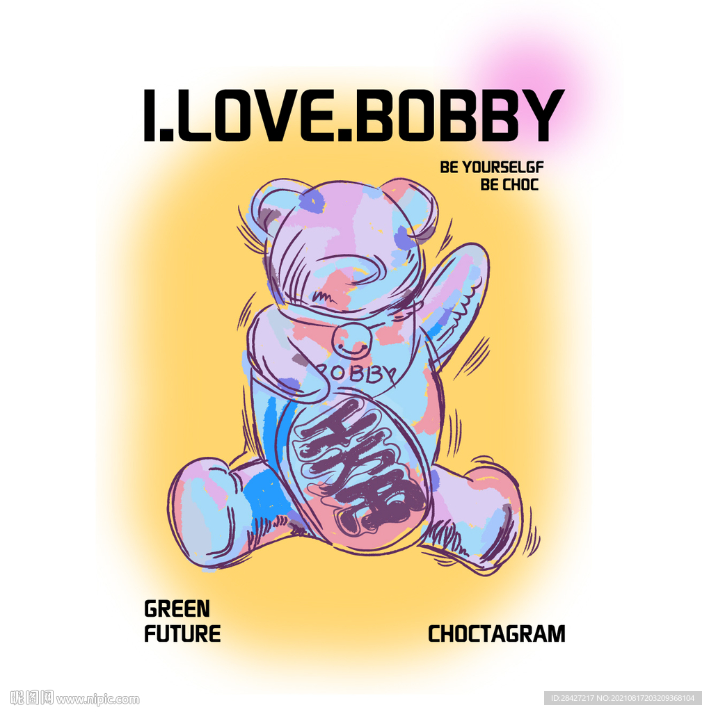 手绘潮流发光渐变潮流熊图案印花