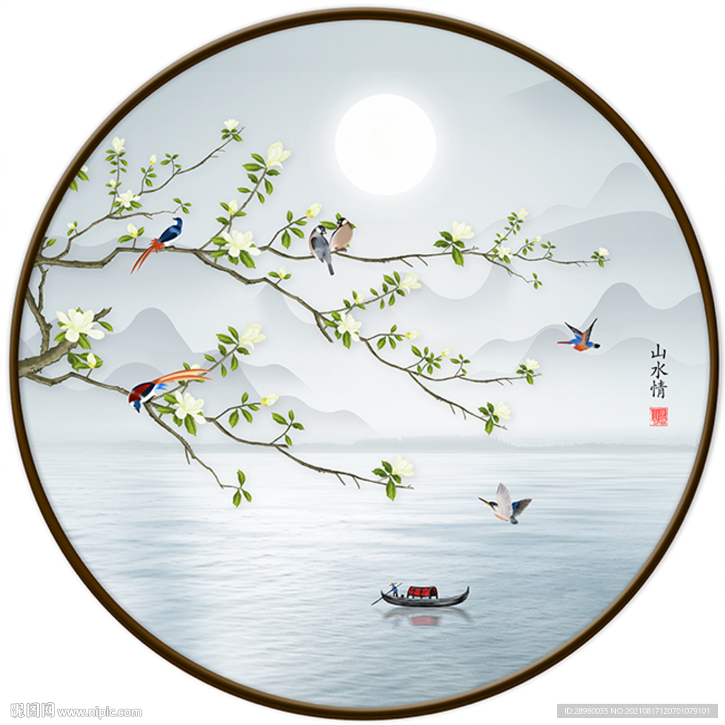 中式玉兰花鸟装饰画