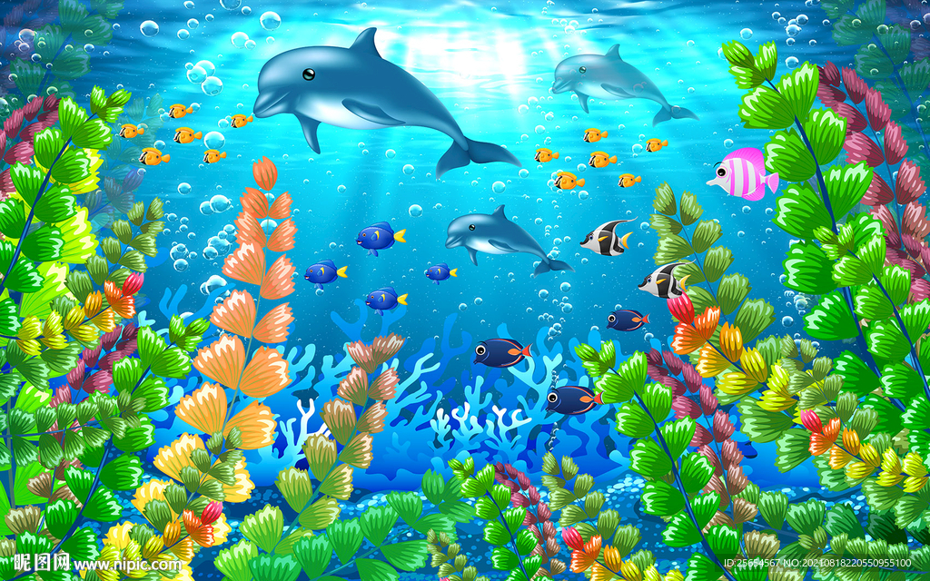 海底世界海豚梦幻背景墙壁画
