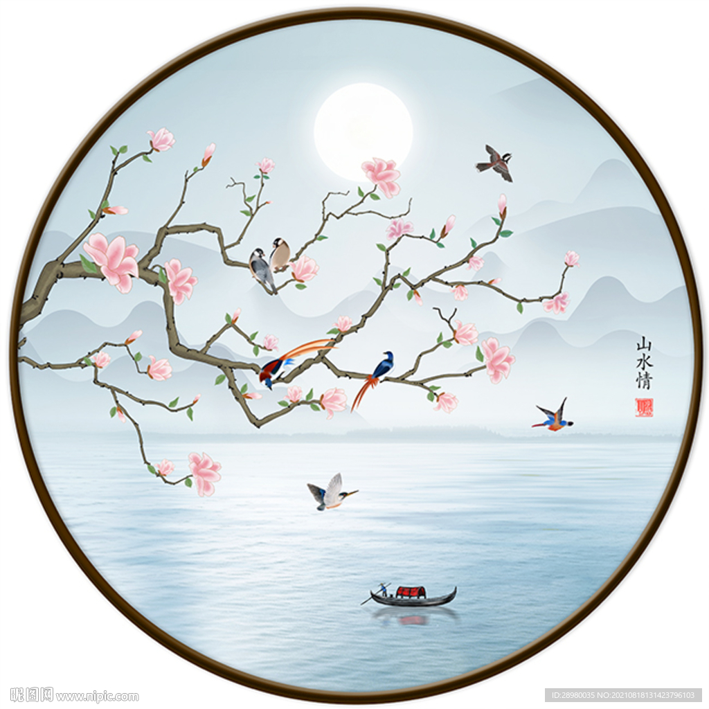 中式玉兰花鸟装饰画