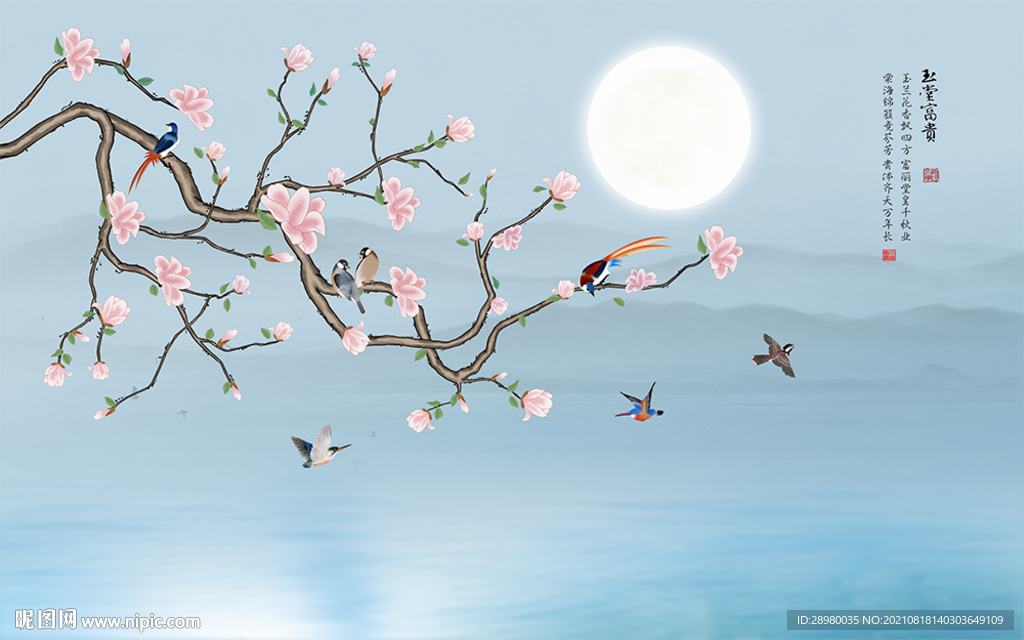 手绘玉兰花鸟山水背景墙
