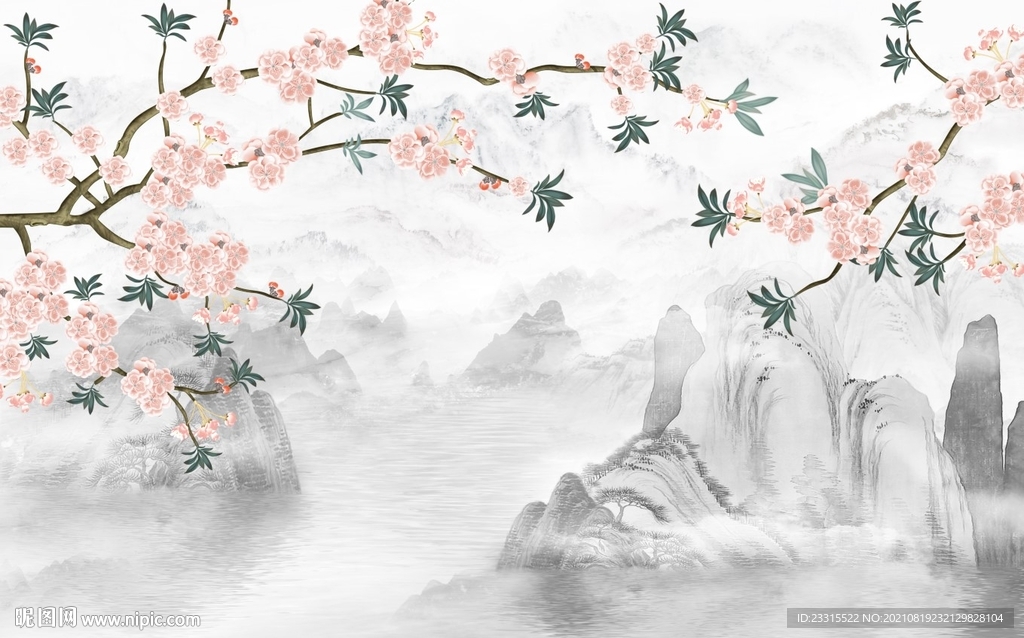 桃花山水新中式背景墙