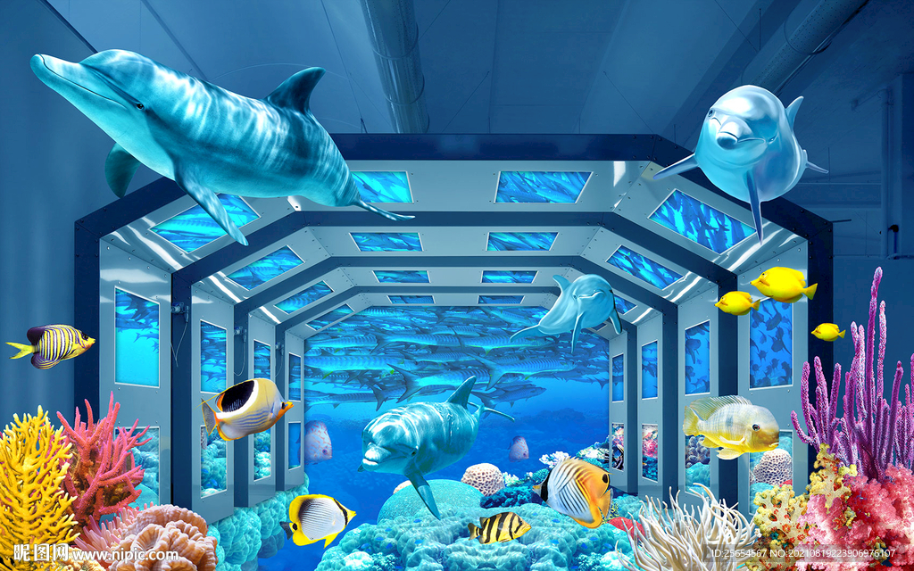 海豚海底世界3D背景墙