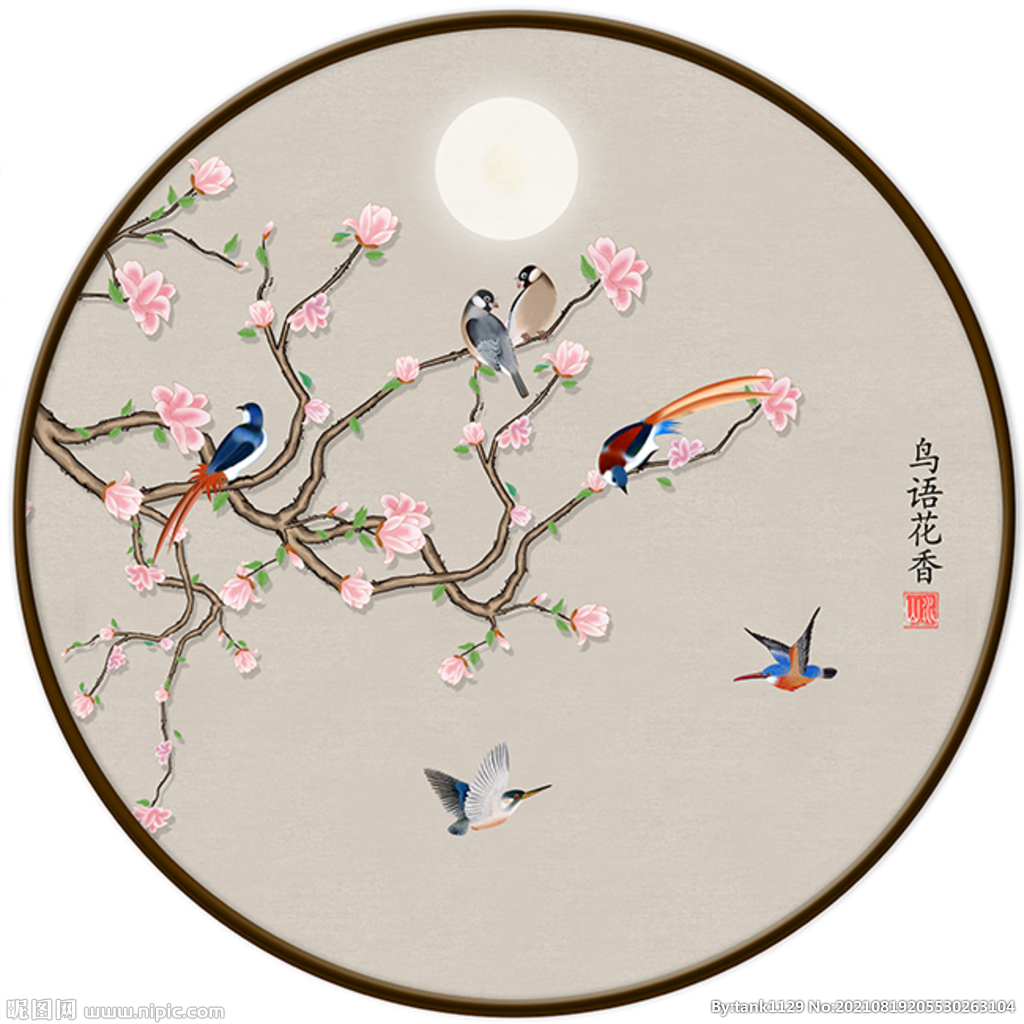 中式花鸟圆形装饰画