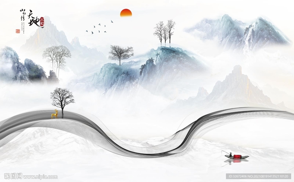 中式山水背景墙图片