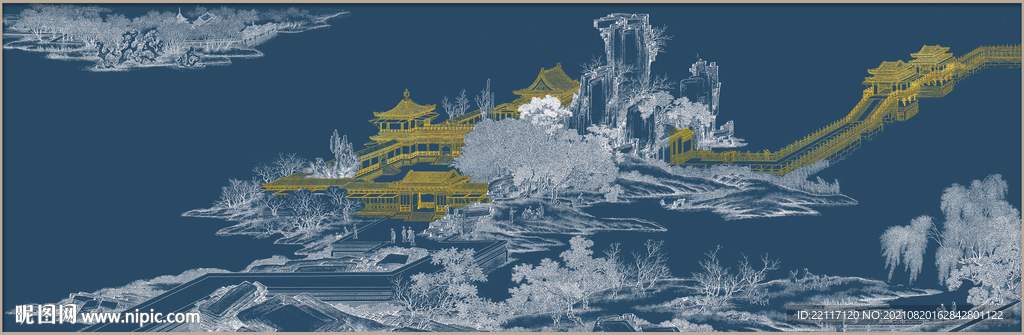  楼阁山水线稿肌理装饰画
