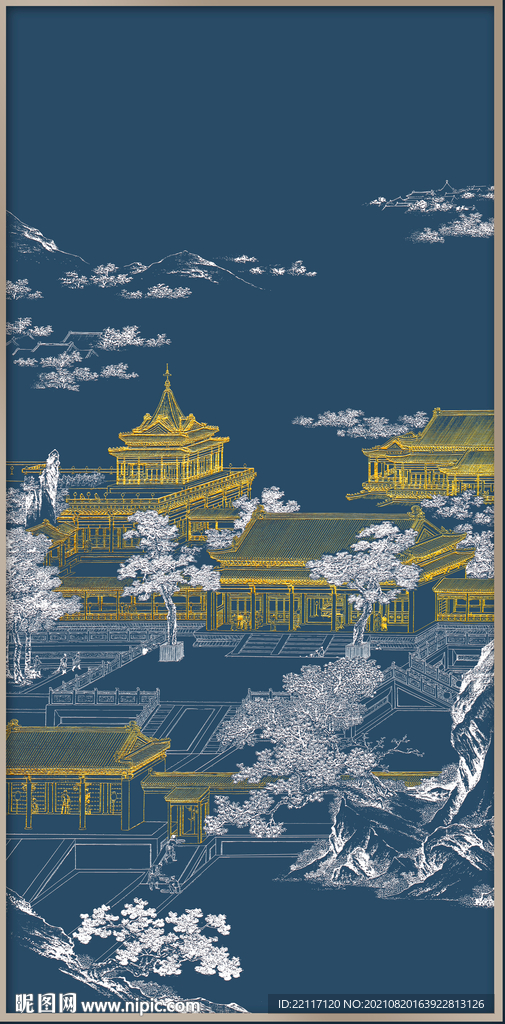  新中式楼阁台亭装饰画