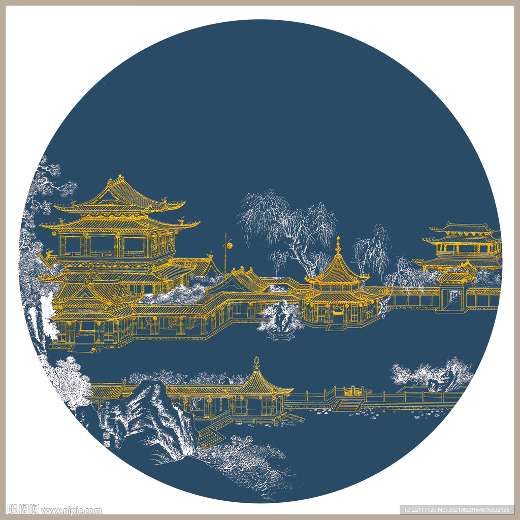 古建筑楼阁线描宫廷国画