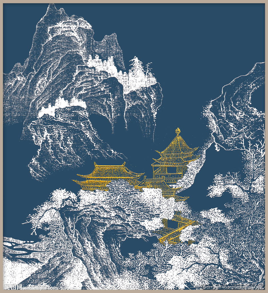古建筑楼阁绢丝肌理画