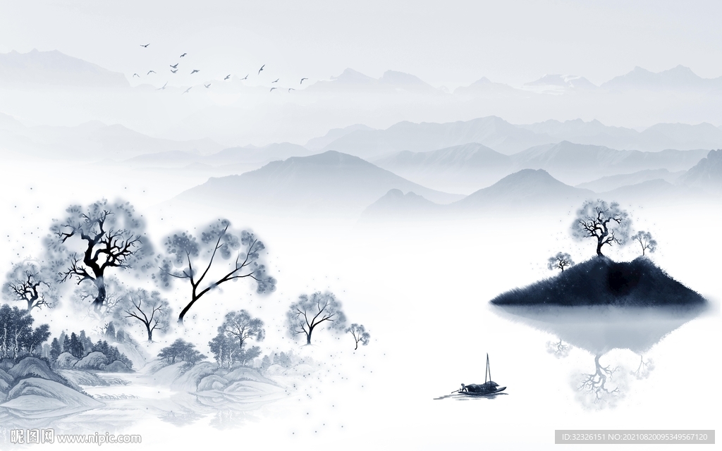 蓝色背景墙山水 tif分层 