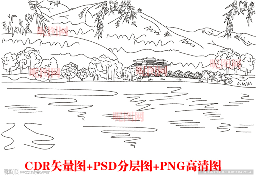 线描白描素描风景图画