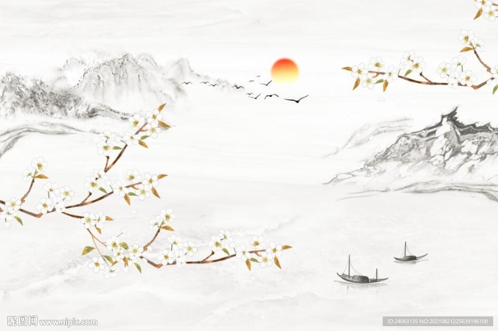 中式山水花鸟背景墙