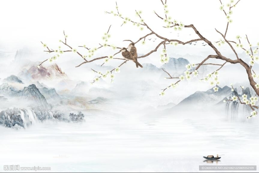 中式山水花鸟背景墙