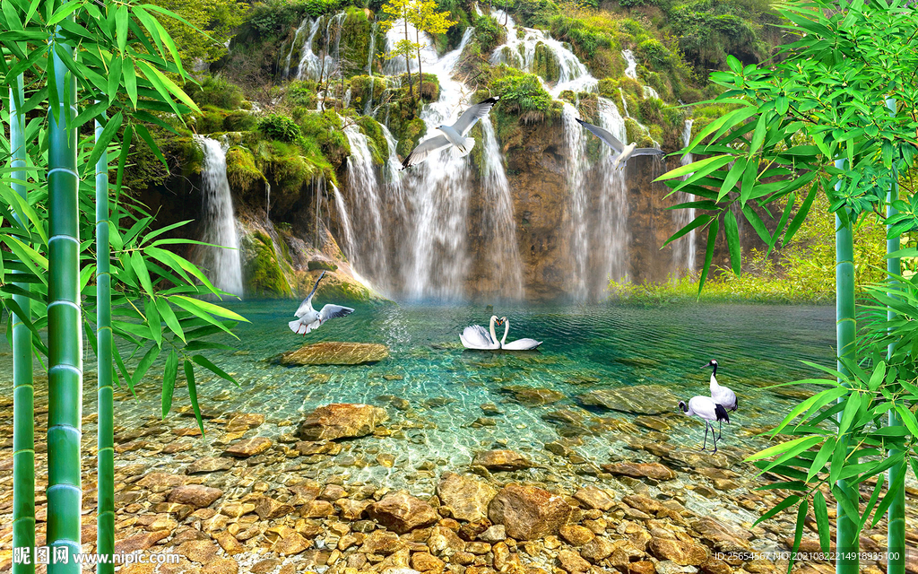 瀑布山水风景画背景墙