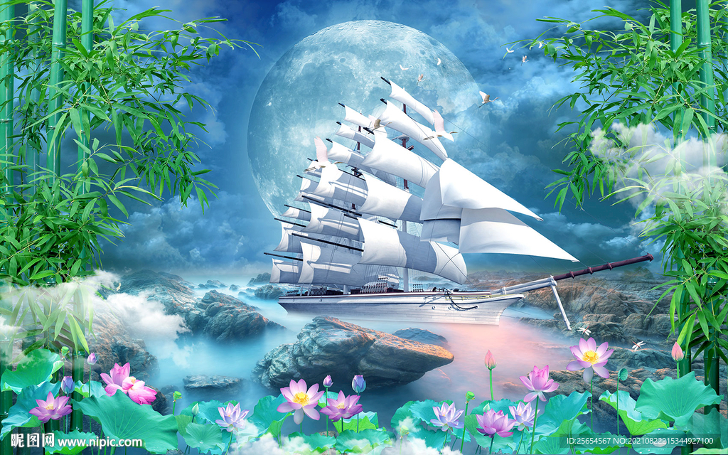 意境一帆风顺客厅背景墙