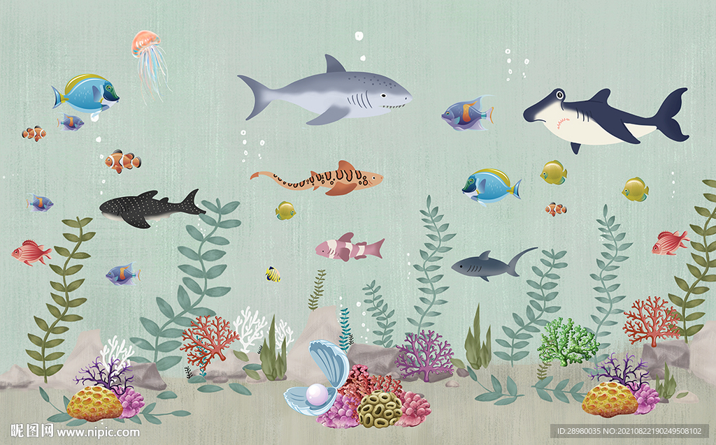 手绘海底世界儿童房背景墙