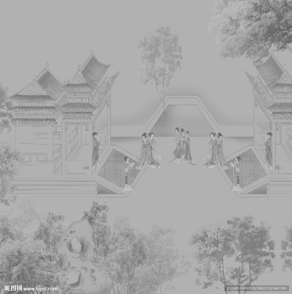 古代线条美女楼阁