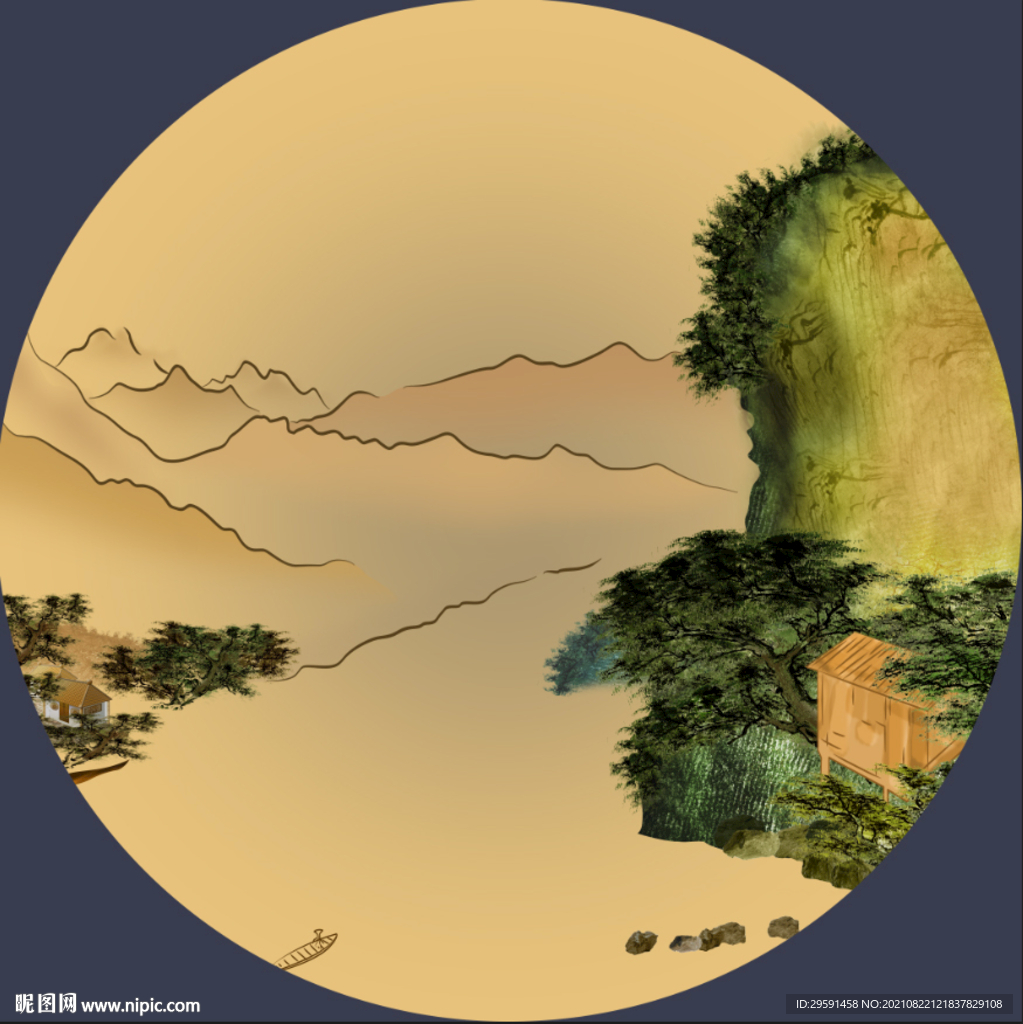 绿色水墨山水画背景墙