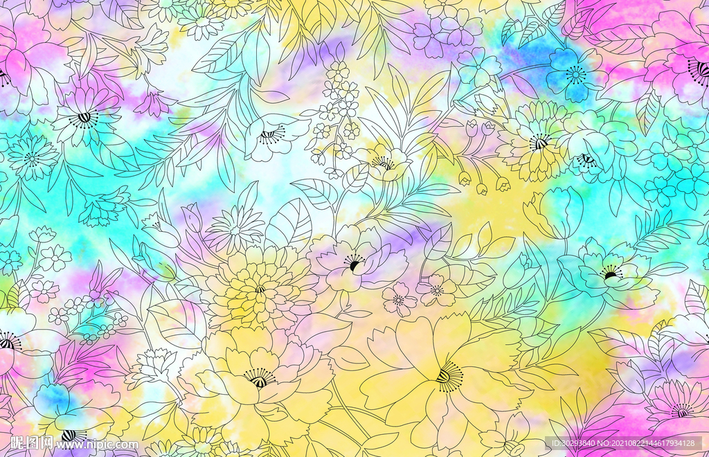 水彩线条花 数码印花 手绘花 