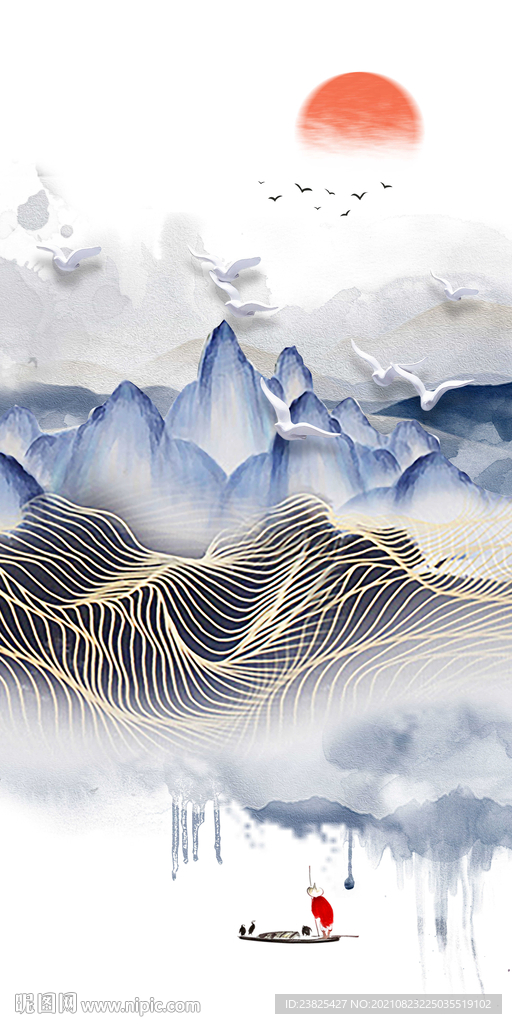 新中式抽象水墨山水玄关背景墙