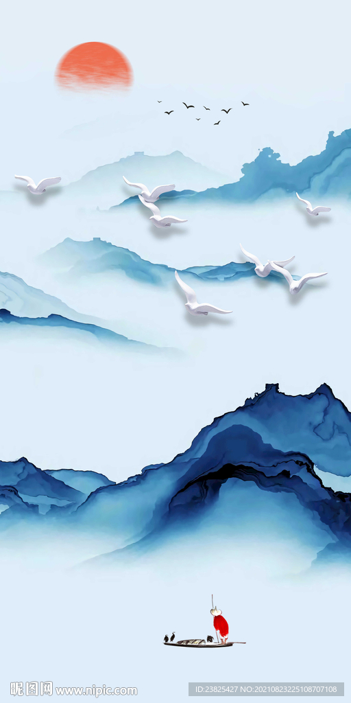 新中式抽象水墨山水玄关背景墙