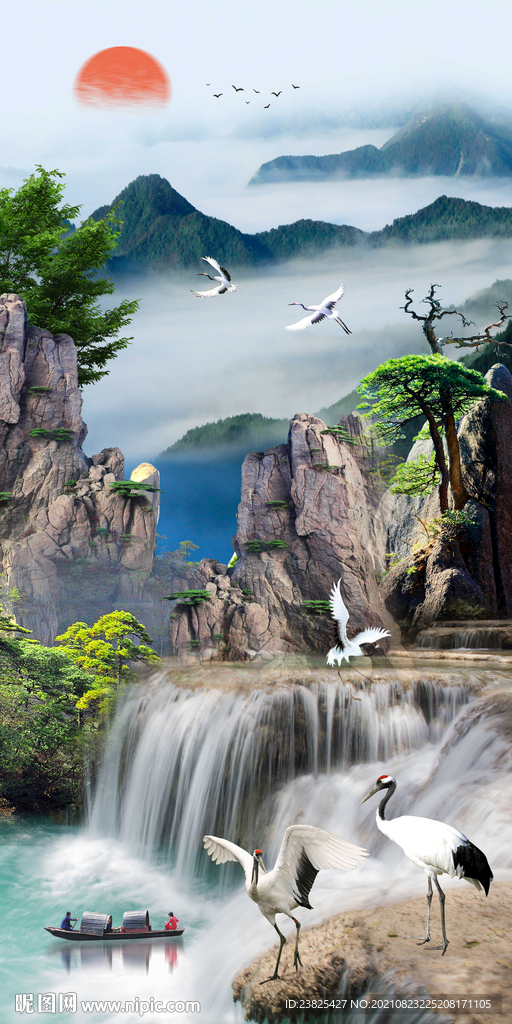 新中式流水生财山水风景玄关背景