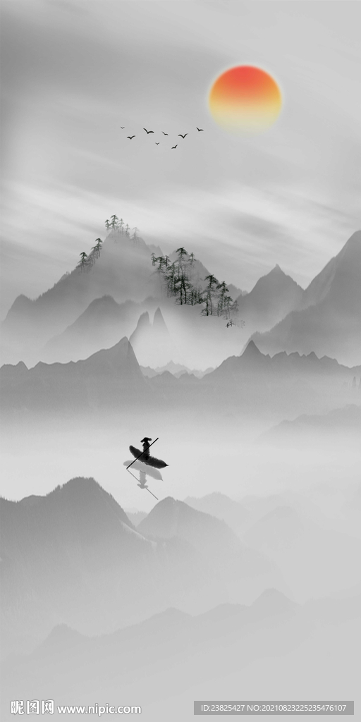 新中式抽象水墨山水玄关装饰画