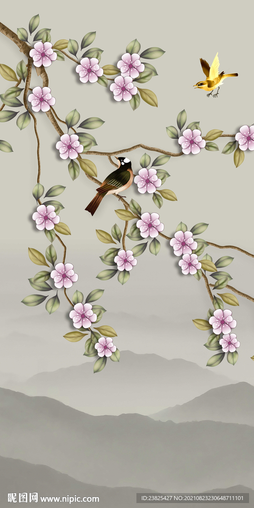 新中式手绘花鸟玄关背景墙