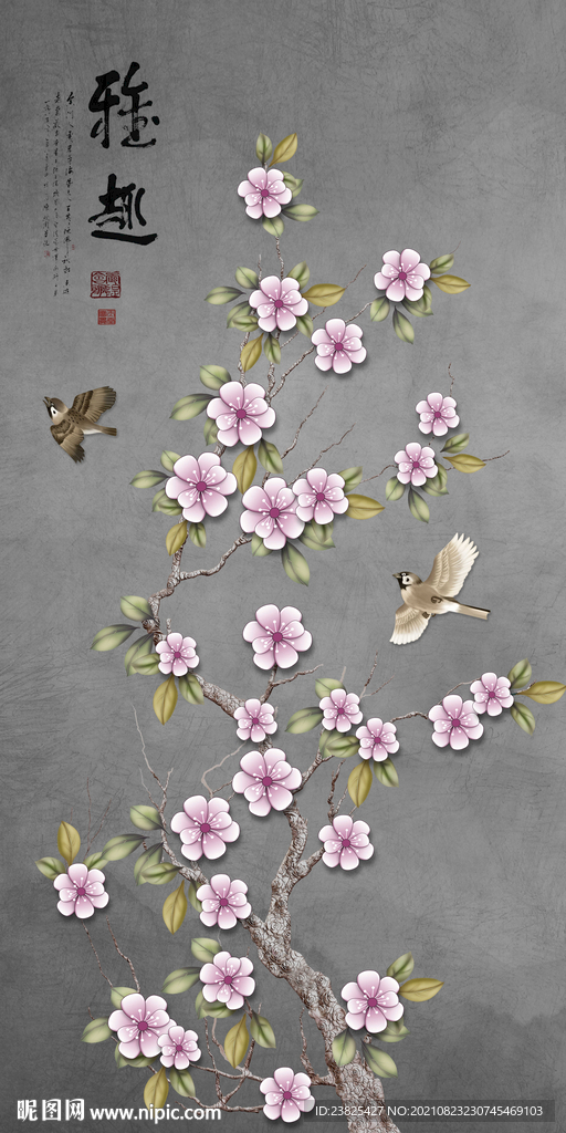 新中式手绘花鸟玄关背景墙