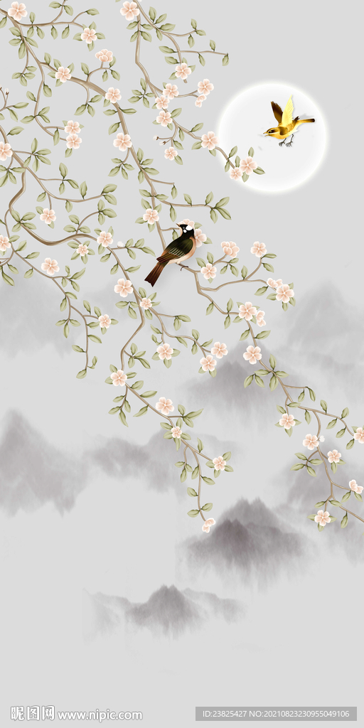 新中式工笔花鸟山水玄关装饰画