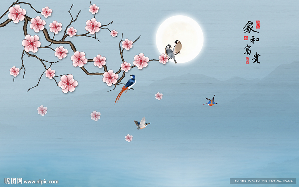 新中式手绘素雅工笔花鸟背景墙