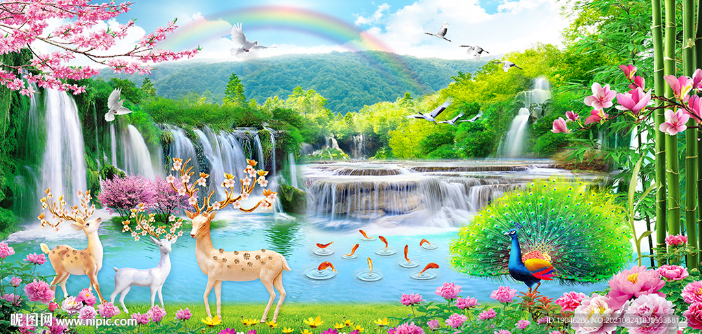 风景如画孔雀麋鹿山水装饰画