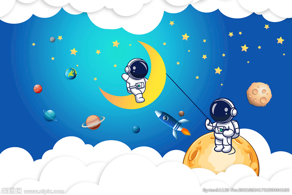 卡通宇航员儿童房背景墙