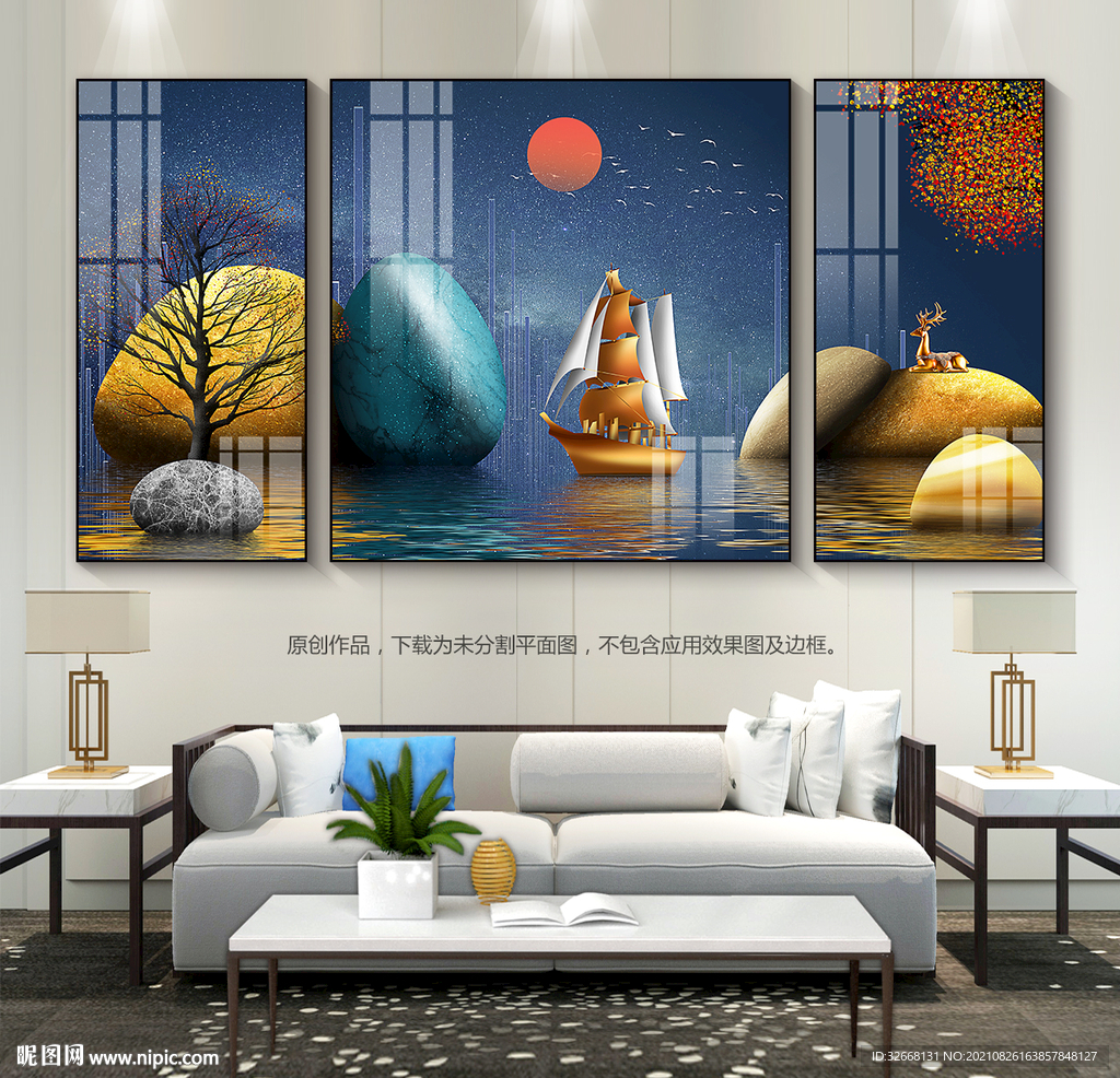 一帆风顺客厅装饰画三联画晶瓷画