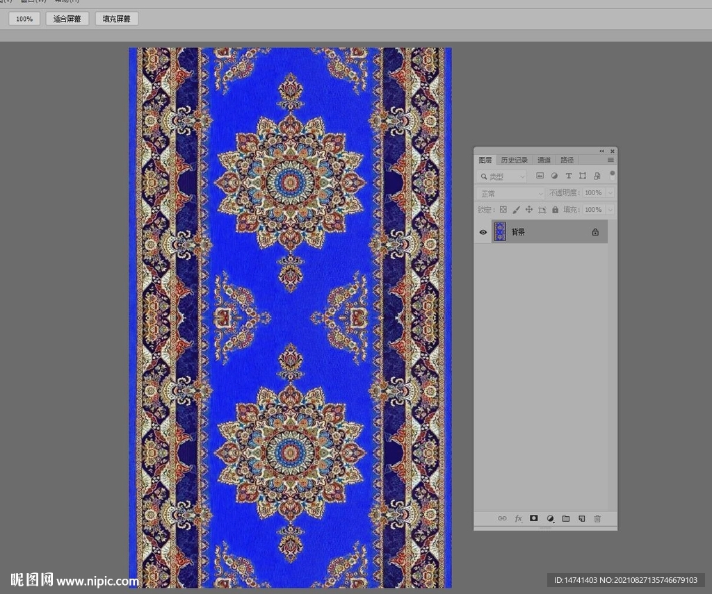 靛蓝民族风情花纹花边地毯设计