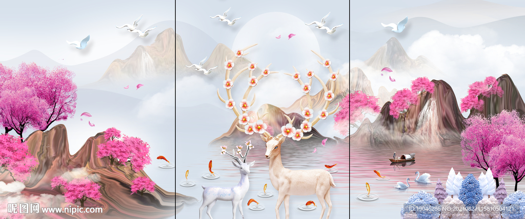 现代麋鹿樱花三联画装饰画