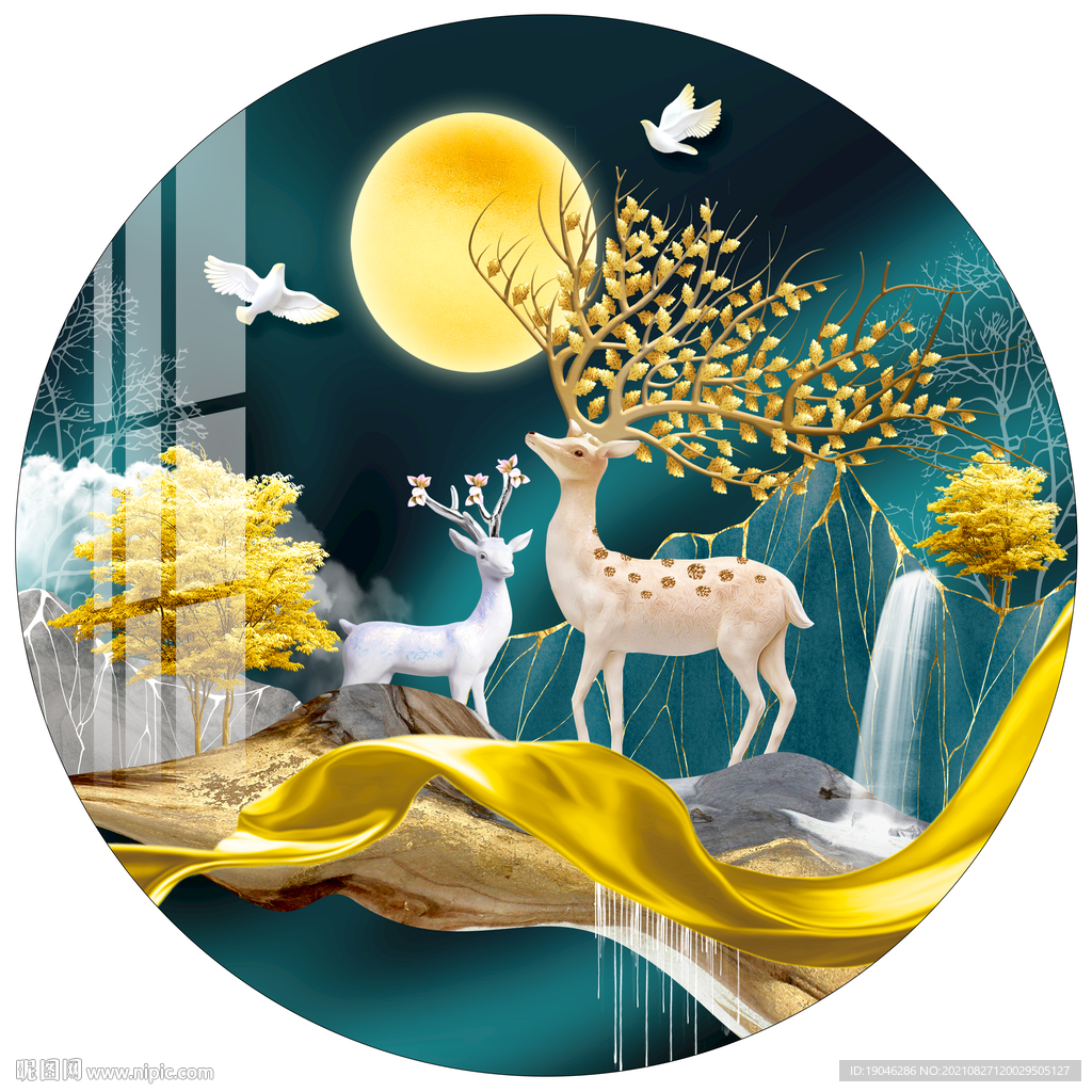 麋鹿发财树金色轻奢圆形装饰画