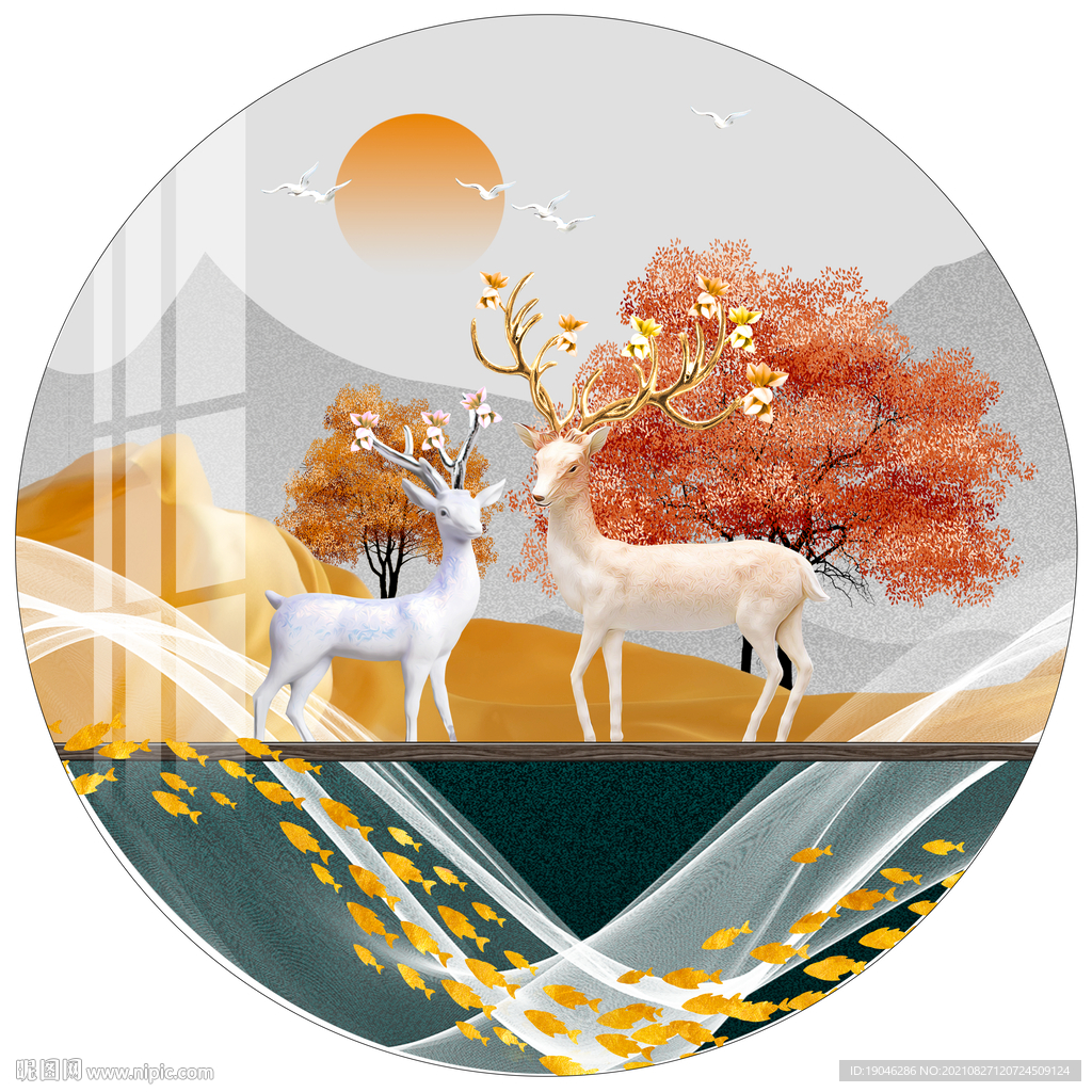 金色秋季麋鹿圆形装饰画