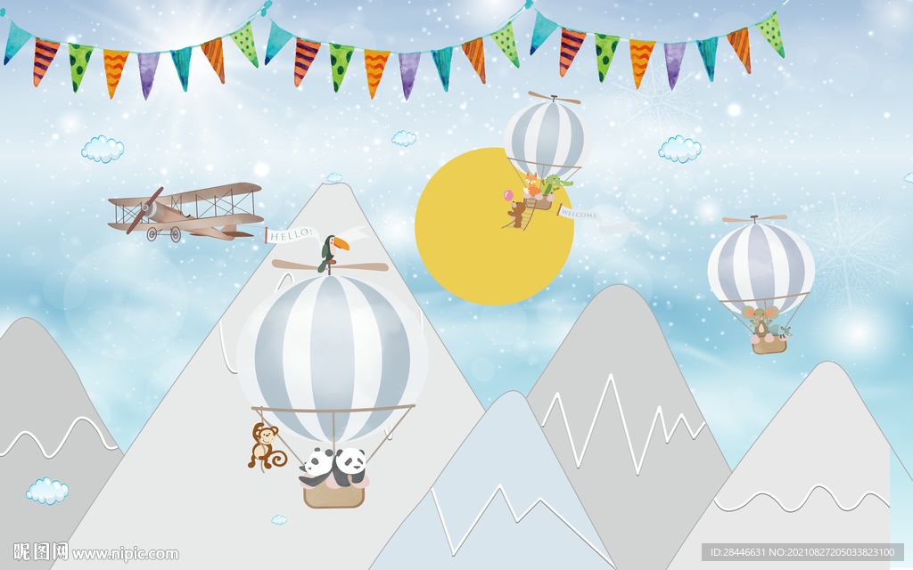 北欧卡通手绘儿童房背景墙